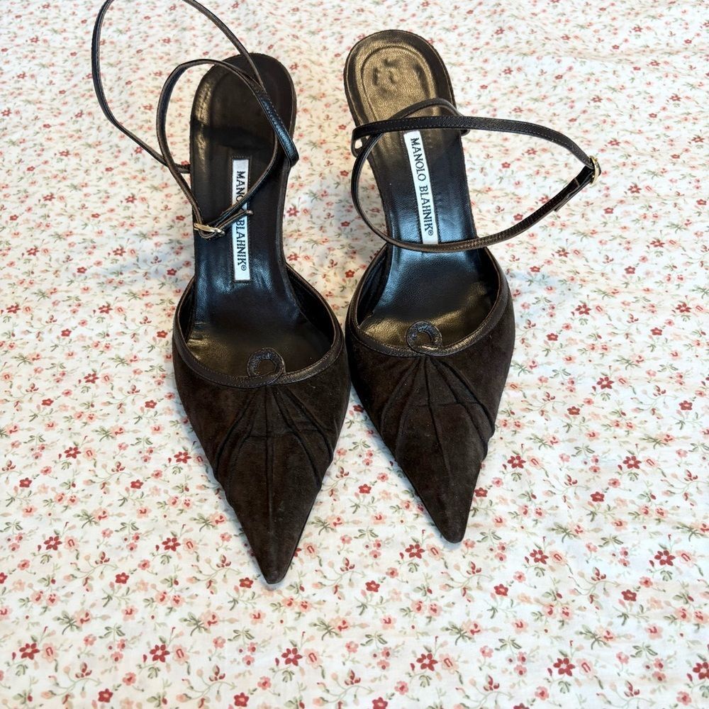 Manolo Blahnik VIONETAN 90 Pumps Suede Leather Dark Brown BB Heels 40 - Picture 4 of 5